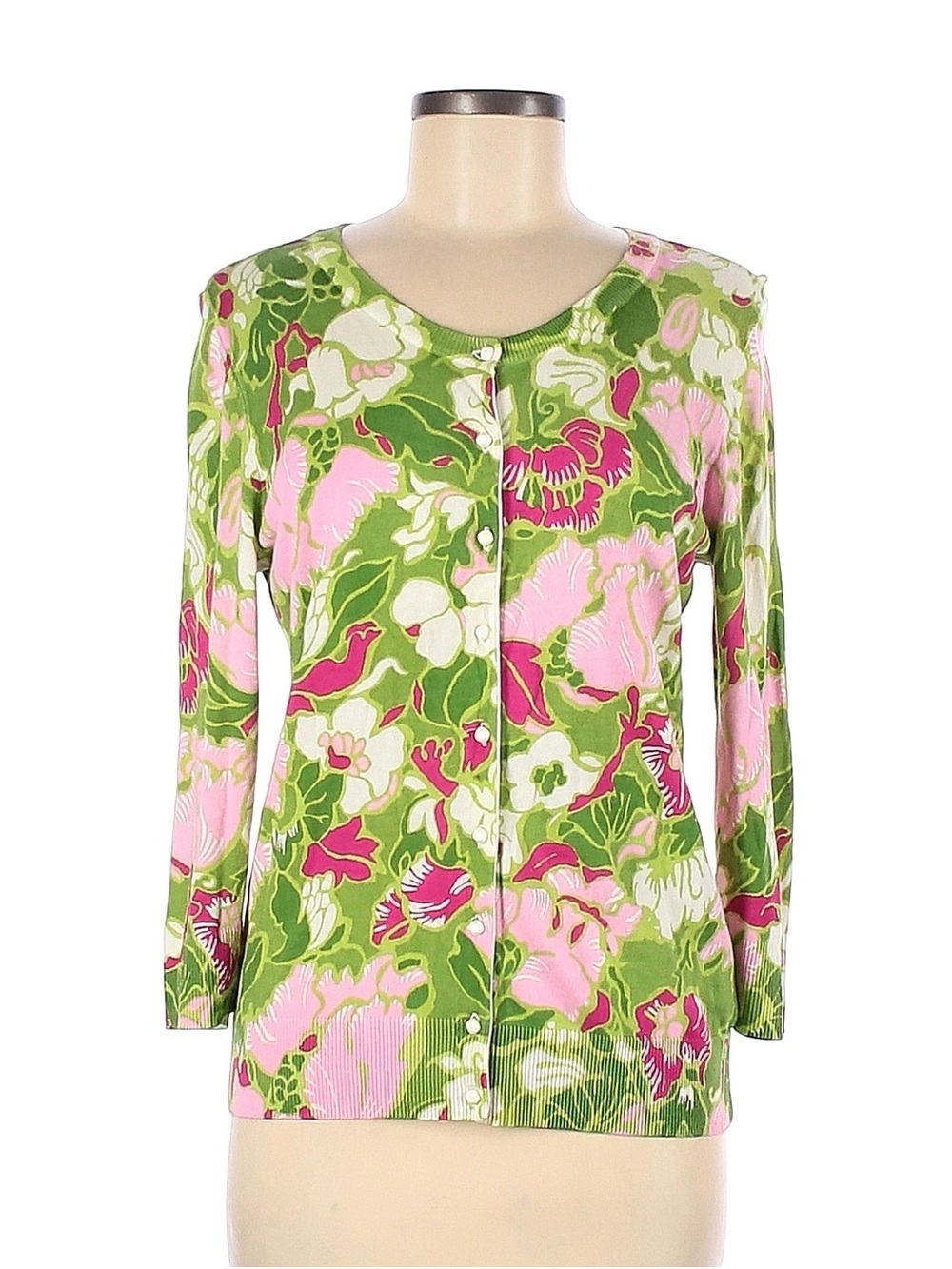 Talbots Floral Green and Pink Button Cardigan